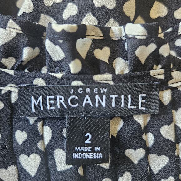 J. CREW Mercantile Womens Sz 2 Heart Print Pintuck Popover Black White Ruffles - Picture 8 of 9